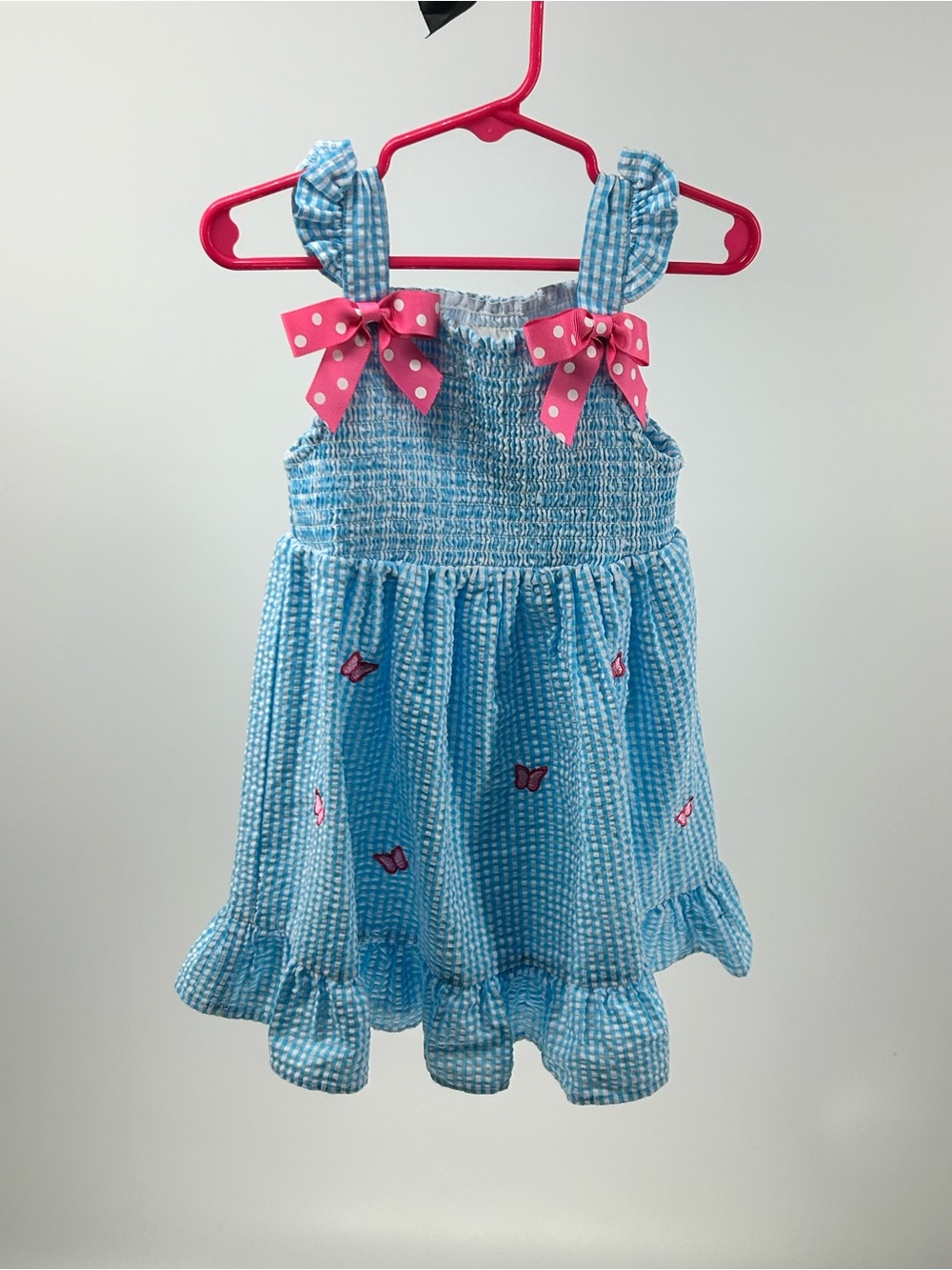 Rare Editions Girls Blue Gingham Smocked Butterfly Ruffle Dress Size 4